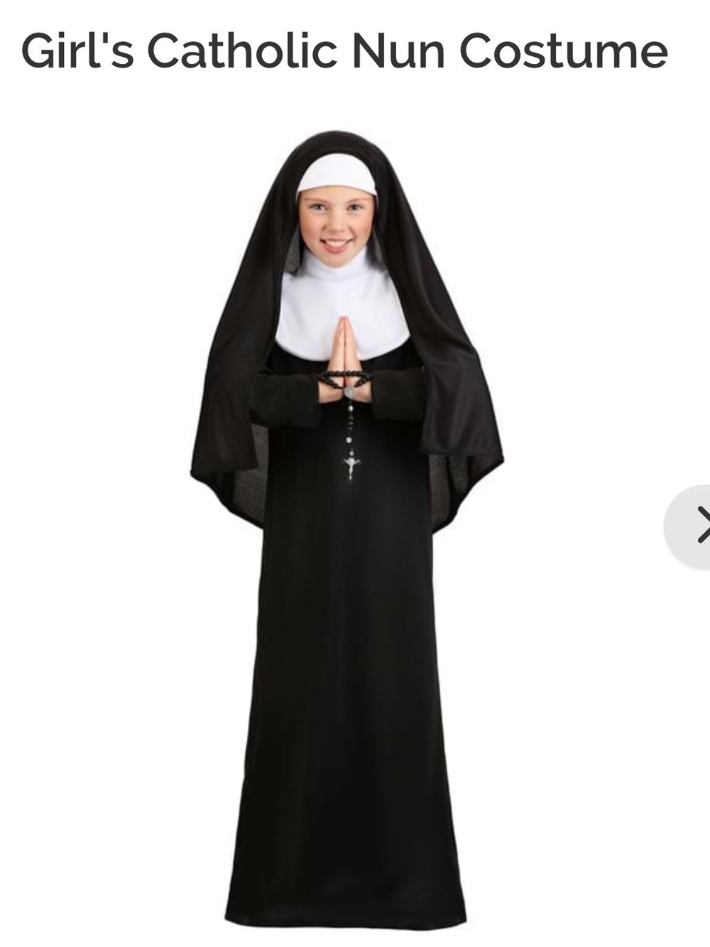 Girl's Black and White Nun Costume - Classic Catholic Habit
